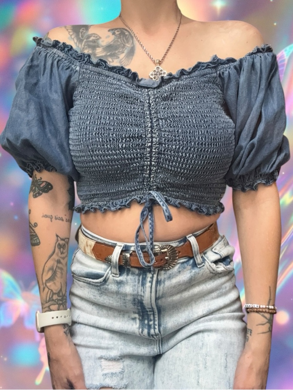 She + Sky Denim-Blue Smocked Off-Shoulder Crop Top